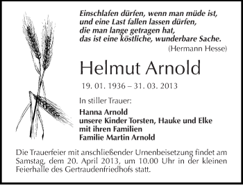 Traueranzeige von Helmut Arnold von Mitteldeutsche Zeitung Halle/Saalkreis