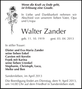 Traueranzeige von Walter Zander von Mitteldeutsche Zeitung Aschersleben