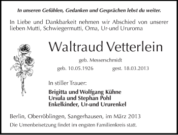Traueranzeige von Waltraud Vetterlein von Mitteldeutsche Zeitung Sangerhausen