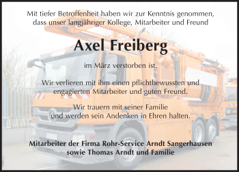 Traueranzeige von Axel Freiberg von Mitteldeutsche Zeitung Sangerhausen