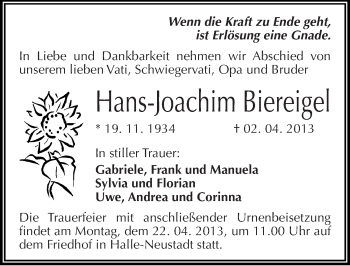 Traueranzeige von Hans-Joachim Biereigel von Mitteldeutsche Zeitung Halle/Saalkreis