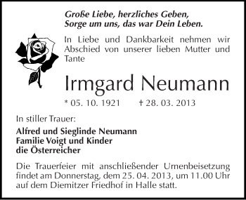 Traueranzeige von Irmgard Neumann von Mitteldeutsche Zeitung Halle/Saalkreis