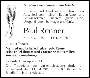 Traueranzeige von Paul Renner von Mitteldeutsche Zeitung Halle/Saalkreis