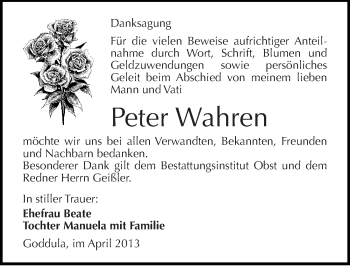 Traueranzeige von Peter Wahren von Mitteldeutsche Zeitung Merseburg/Querfurt