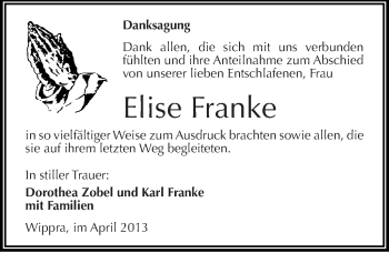 Traueranzeige von Elise Franke von Mitteldeutsche Zeitung Aschersleben
