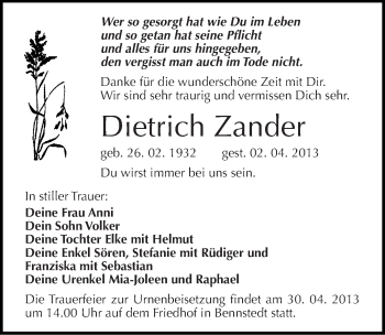 Traueranzeige von Dietrich Zander von Mitteldeutsche Zeitung Halle/Saalkreis