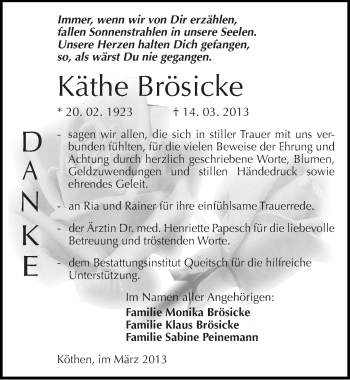 Traueranzeige von Käthe Brösicke von Mitteldeutsche Zeitung Köthen