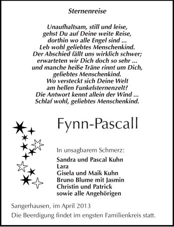 Traueranzeige von Fynn-Pascall  von Mitteldeutsche Zeitung Sangerhausen
