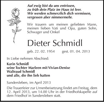 Traueranzeige von Dieter Schmidl von Mitteldeutsche Zeitung Aschersleben