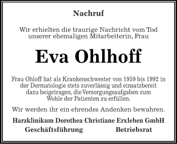 Traueranzeige von Eva Ohlhoff von Mitteldeutsche Zeitung Quedlinburg