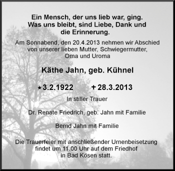 Traueranzeige von Käthe Jahn von Mitteldeutsche Zeitung Naumburg/Nebra