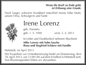 Traueranzeige von Irene Lorenz von Mitteldeutsche Zeitung Aschersleben