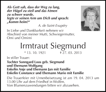 Traueranzeige von Irmtraut Siegmund von Mitteldeutsche Zeitung Bitterfeld