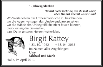 Traueranzeige von Birgit Rattey von Mitteldeutsche Zeitung Halle/Saalkreis