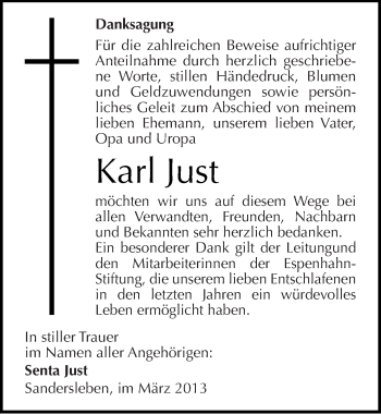 Traueranzeige von Karl Just von Mitteldeutsche Zeitung Aschersleben
