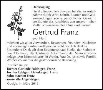 Traueranzeige von Gertrud Franz von Mitteldeutsche Zeitung Halle/Saalkreis