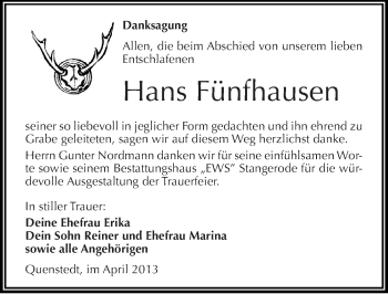 Traueranzeige von Hans Fünfhausen von Mitteldeutsche Zeitung Aschersleben