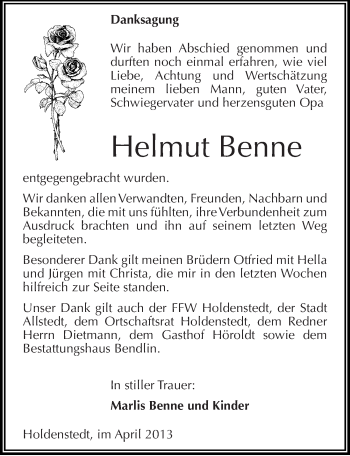 Traueranzeige von Helmut Benne von Mitteldeutsche Zeitung Sangerhausen