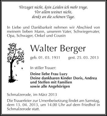 Traueranzeige von Walter Berger von Mitteldeutsche Zeitung Aschersleben