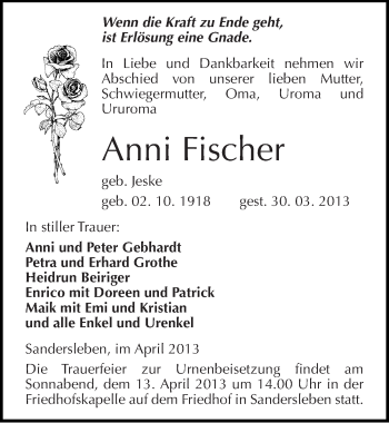 Traueranzeige von Anni Fischer von Mitteldeutsche Zeitung Aschersleben