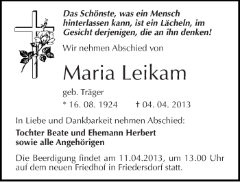 Traueranzeige von Maria Leikam von Mitteldeutsche Zeitung Bitterfeld