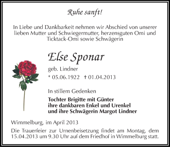 Traueranzeige von Else Sponar von Mitteldeutsche Zeitung Aschersleben