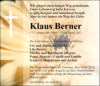 Traueranzeige von Klaus Berner von Mitteldeutsche Zeitung Quedlinburg