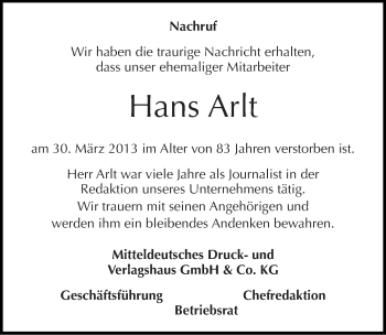 Traueranzeige von Hans Arlt von Mitteldeutsche Zeitung Halle/Saalkreis