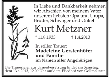 Traueranzeige von Kurt Metzner von Mitteldeutsche Zeitung Halle/Saalkreis