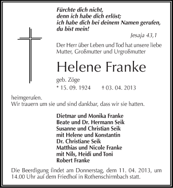 Traueranzeige von Helene Franke von Mitteldeutsche Zeitung Aschersleben