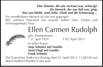 Traueranzeige von Ellen Carmen Rudolph von Mitteldeutsche Zeitung Halle/Saalkreis