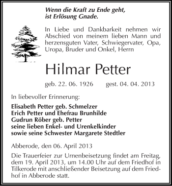 Traueranzeige von Hilmar Petter von Mitteldeutsche Zeitung Aschersleben