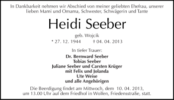 Traueranzeige von Heidi Seeber von Mitteldeutsche Zeitung Bitterfeld