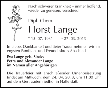 Traueranzeige von Horst Lange von Mitteldeutsche Zeitung Halle/Saalkreis