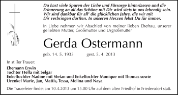 Traueranzeige von Gerda Ostermann von Mitteldeutsche Zeitung Bitterfeld