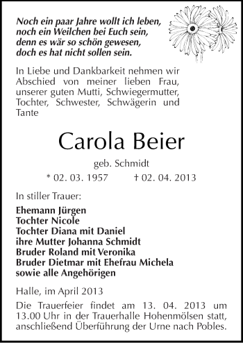 Traueranzeige von Carola Beier von Mitteldeutsche Zeitung Halle/Saalkreis