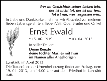 Traueranzeige von Ernst Ewald von Mitteldeutsche Zeitung Merseburg/Querfurt
