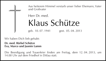 Traueranzeige von Klaus Schütze von Mitteldeutsche Zeitung Halle/Saalkreis