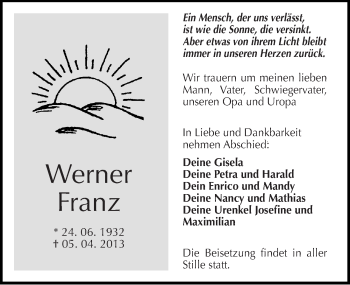 Traueranzeige von Werner Franz von Mitteldeutsche Zeitung Halle/Saalkreis