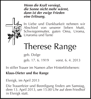 Traueranzeige von Therese Range von Mitteldeutsche Zeitung Köthen