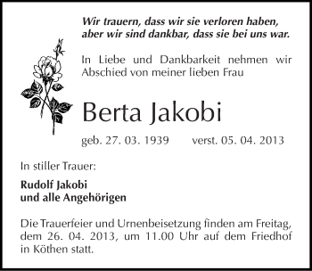 Traueranzeige von Berta Jakobi von Mitteldeutsche Zeitung Köthen