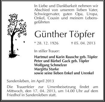 Traueranzeige von Günther Töpfer von Mitteldeutsche Zeitung Aschersleben
