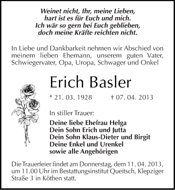 Traueranzeige von Erich Basler von Mitteldeutsche Zeitung Köthen