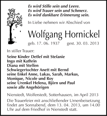 Traueranzeige von Wolfgang Hornickel von Mitteldeutsche Zeitung Sangerhausen