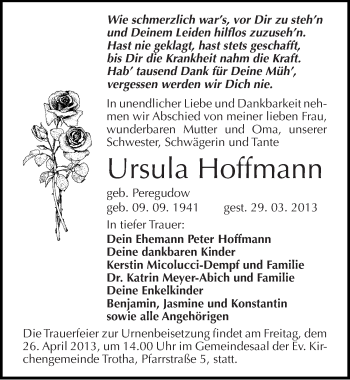 Traueranzeige von Ursula Hoffmann von Mitteldeutsche Zeitung Halle/Saalkreis