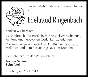 Traueranzeige von Edeltraud Ringenbach von Mitteldeutsche Zeitung Aschersleben