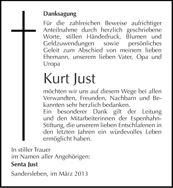 Traueranzeige von Kurt Just von Mitteldeutsche Zeitung Aschersleben