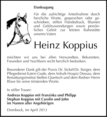 Traueranzeige von Heinz Koppius von Mitteldeutsche Zeitung Köthen