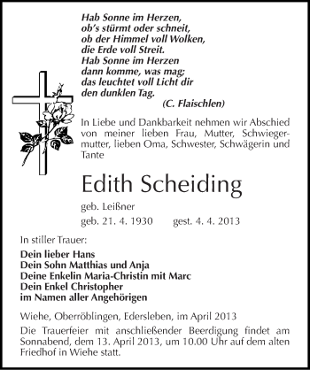 Traueranzeige von Edith Scheiding von Mitteldeutsche Zeitung Sangerhausen