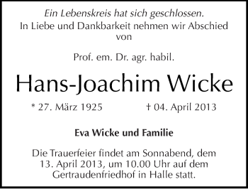 Traueranzeige von Hans-Joachim Wicke von Mitteldeutsche Zeitung Halle/Saalkreis